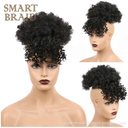 Afro Puff Drawstring Ponytail Bun with Bangs Short Afro Kinky Curly Hairpieces Clips in Pineapple Updo Hair Extensions for Women